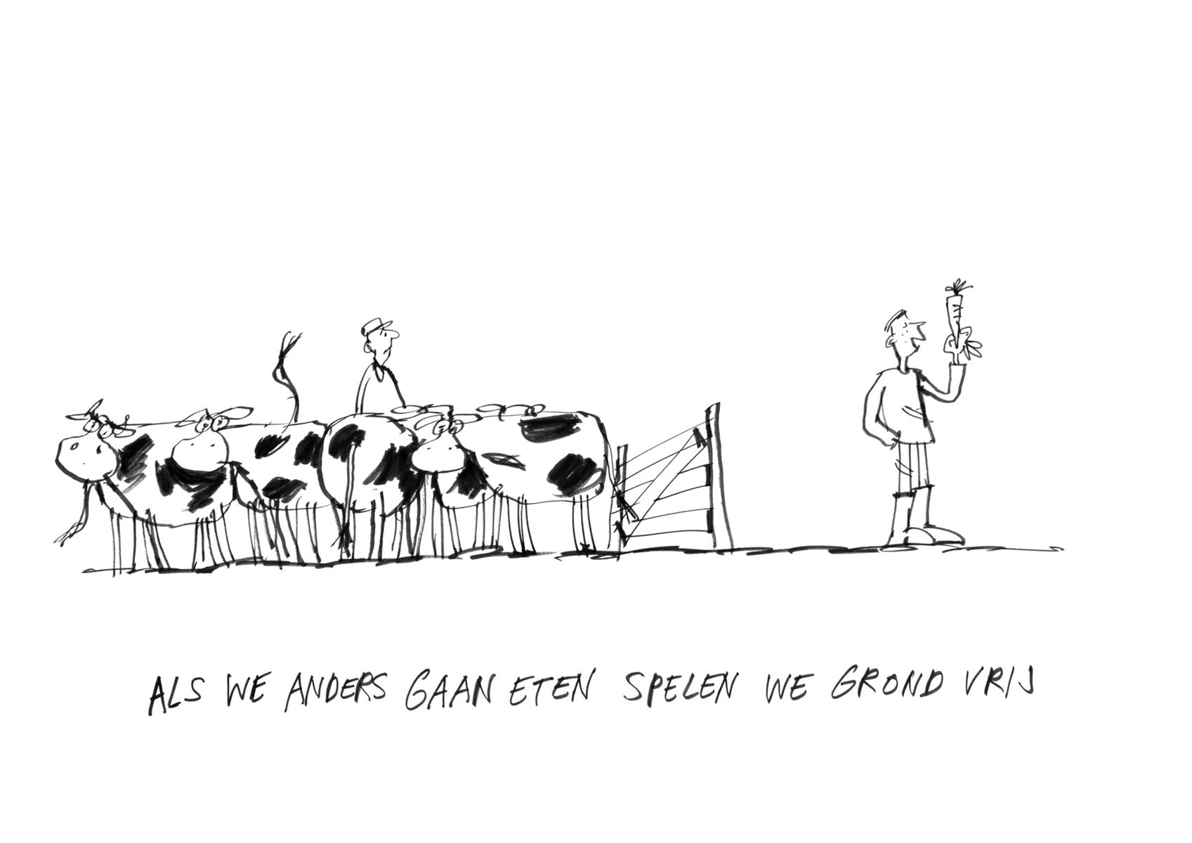 Titel: als we anders gaan eten spelen we grond vrij. Afgebeeld: een groep koeien en een boer die verbaasd kijken naar een man die een wortel vasthoudt.